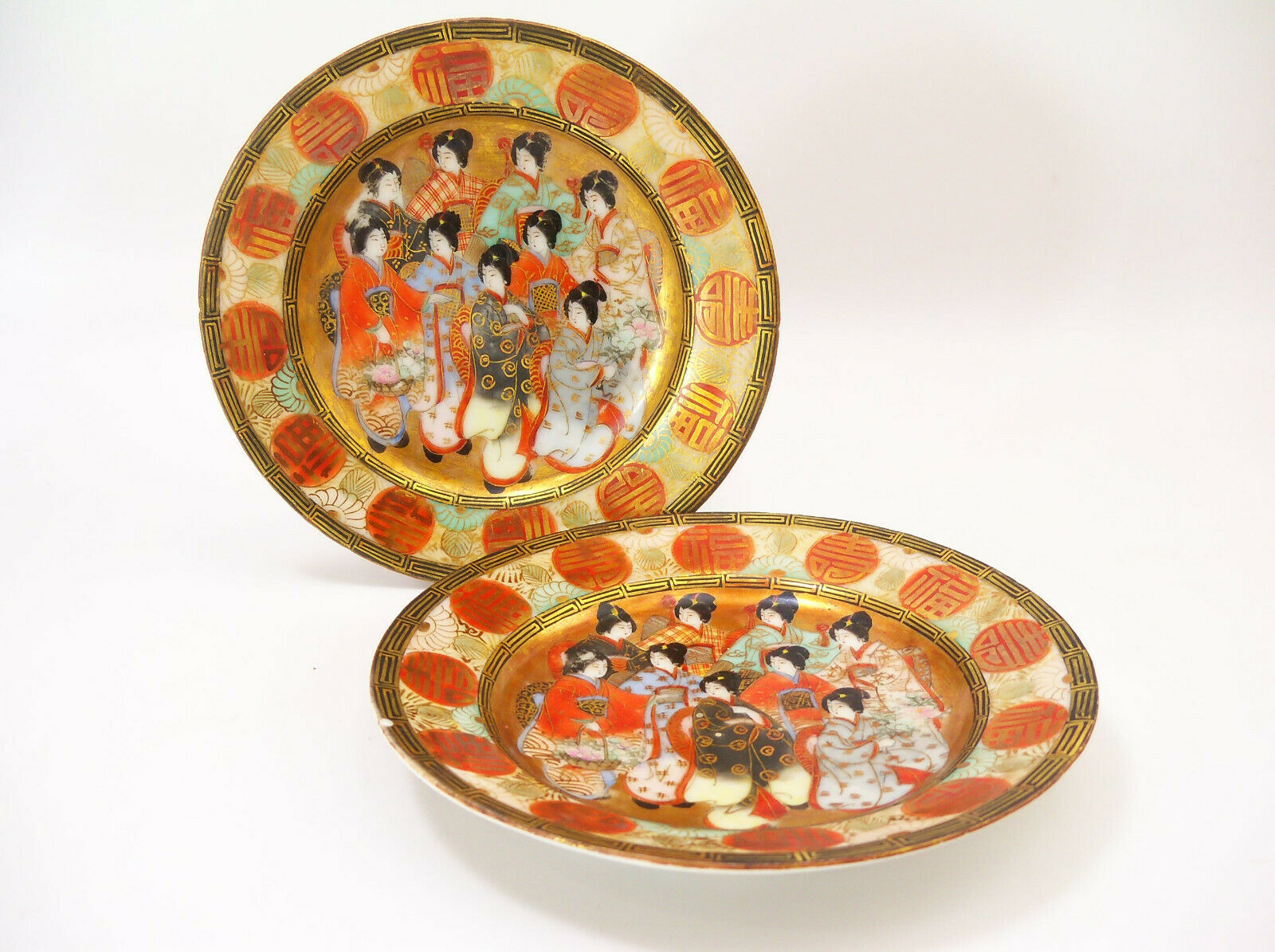Pair Vintage Japanese Kutani Eggshell Porcelain Geisha Plates
