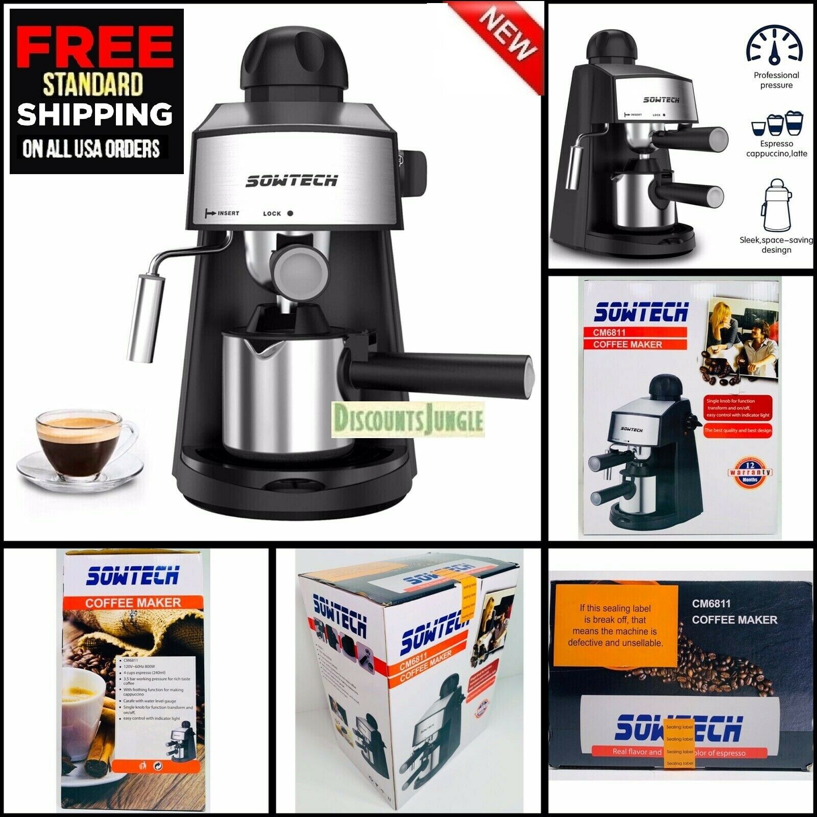 Sowtech Cm6811 Coffee Espresso Maker 3.5 Bar 4 Cup Cappuccino With Milk Frother