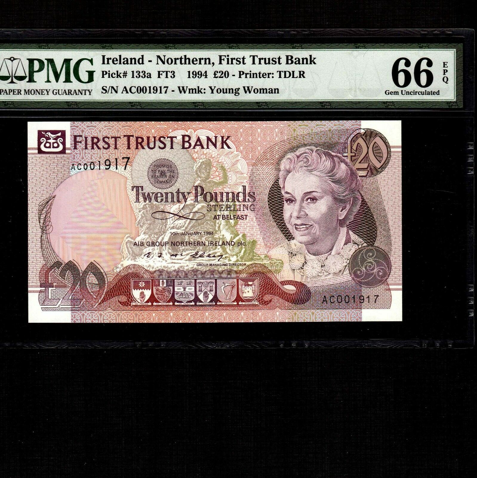 Northern Ireland 20 Pounds 1994 P-133a * Pmg Gem Unc 66 Epq * Low Serial *
